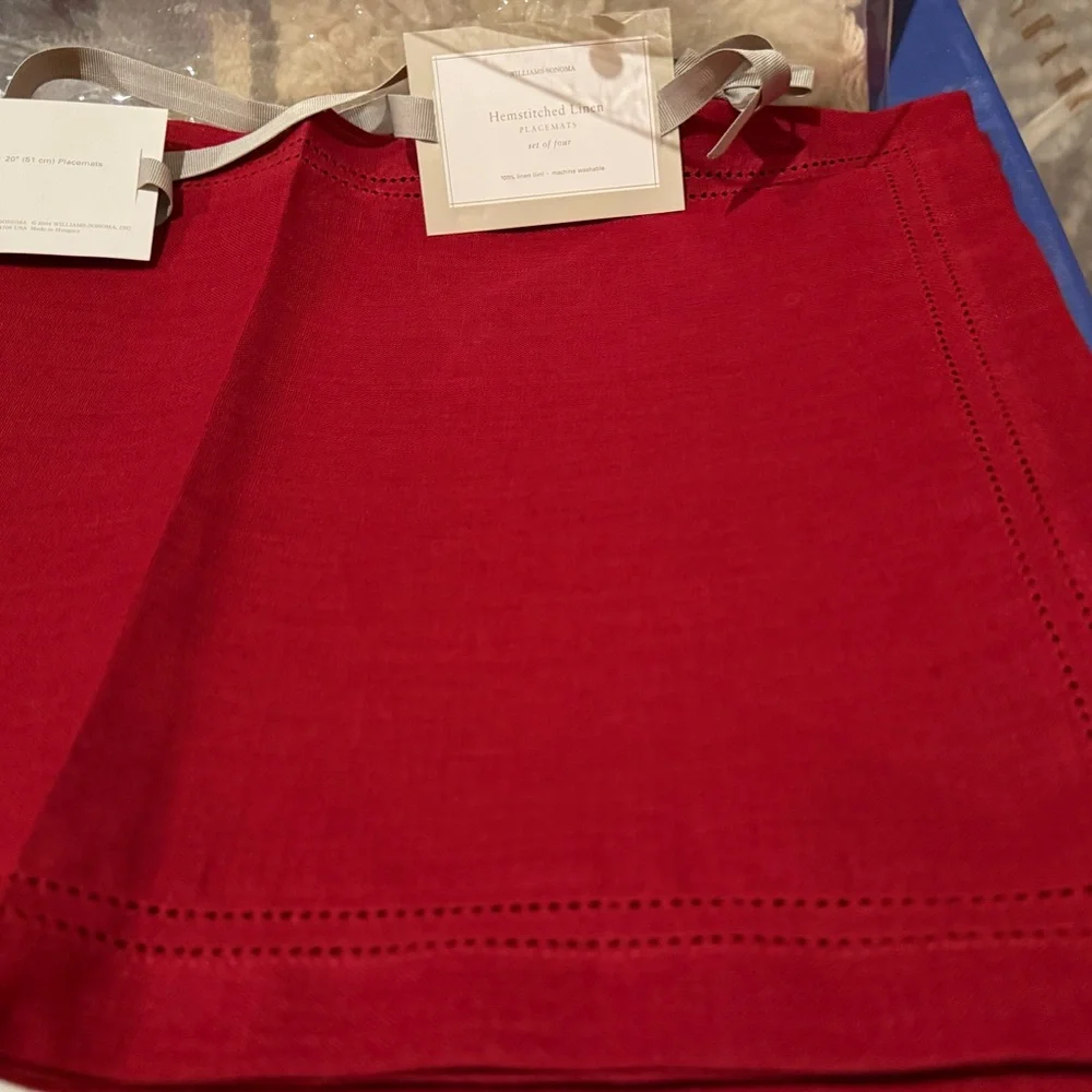New Williams Sonoma Linen Double Hemstitch Placemats, S/4, Red 14 X 20”